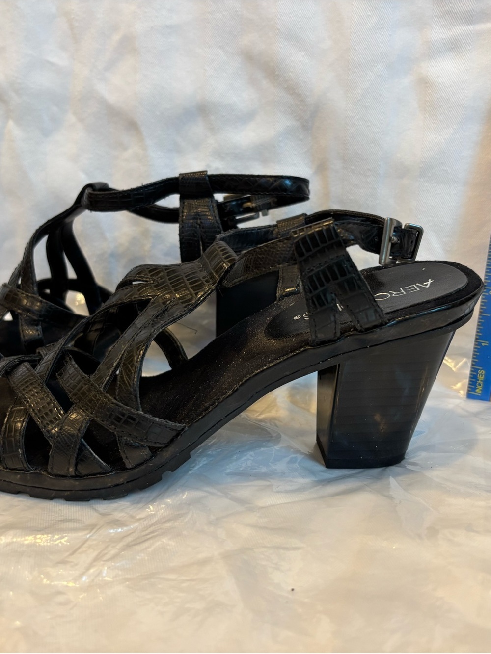 AEROSOLES Black Woven Strappy Block Heel Sandals